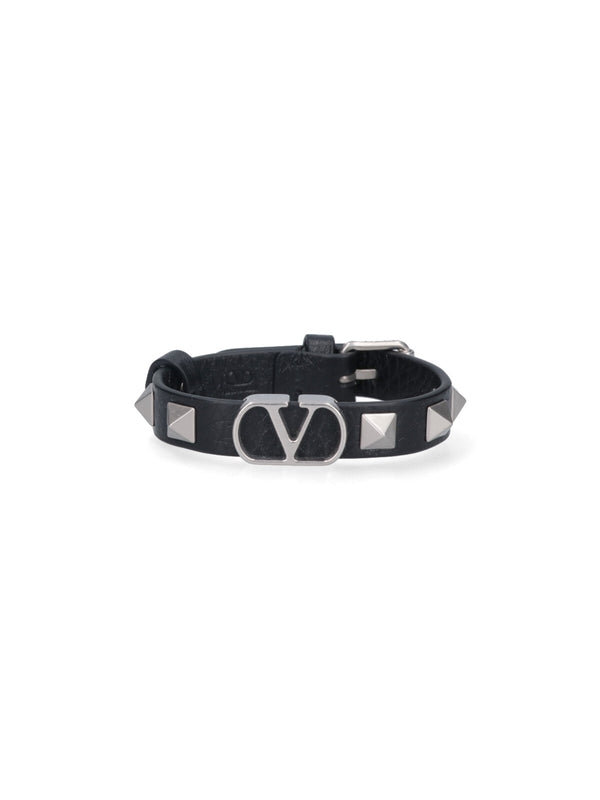 V Logo Rockstud Leather Bracelet