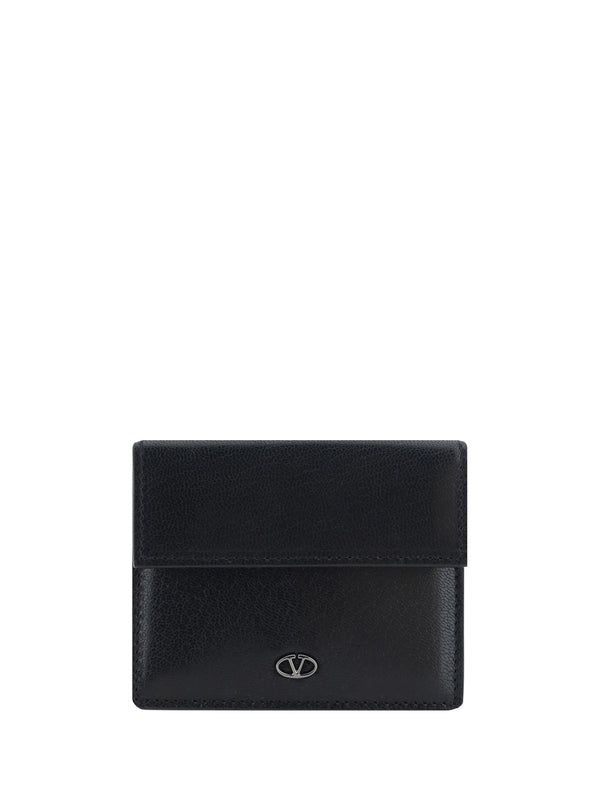 V Logo Leather Card Wallet