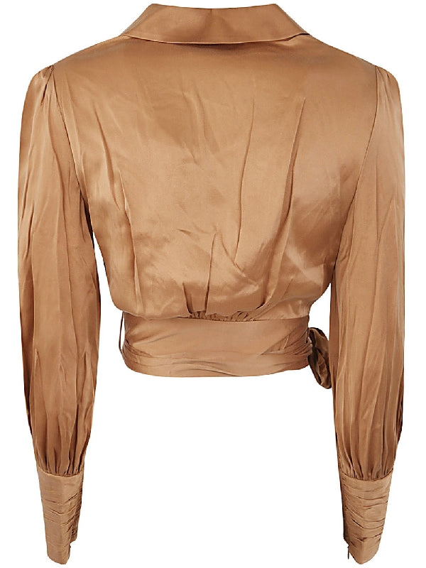 Brown Silk Crop Wrap Blouse