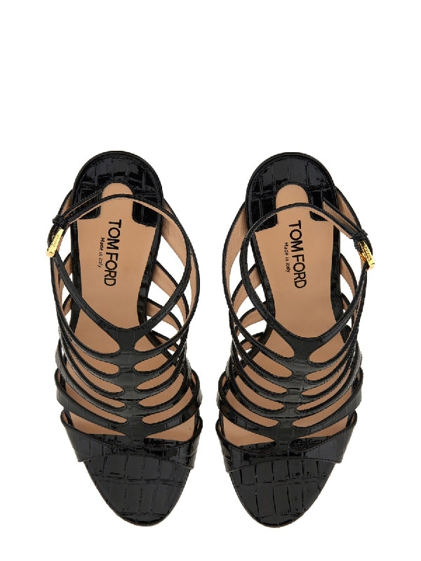 Croc Effect Leather Sandal Heel