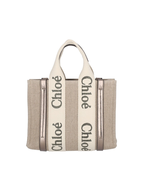 Woody Logo Linen Small Tote Bag