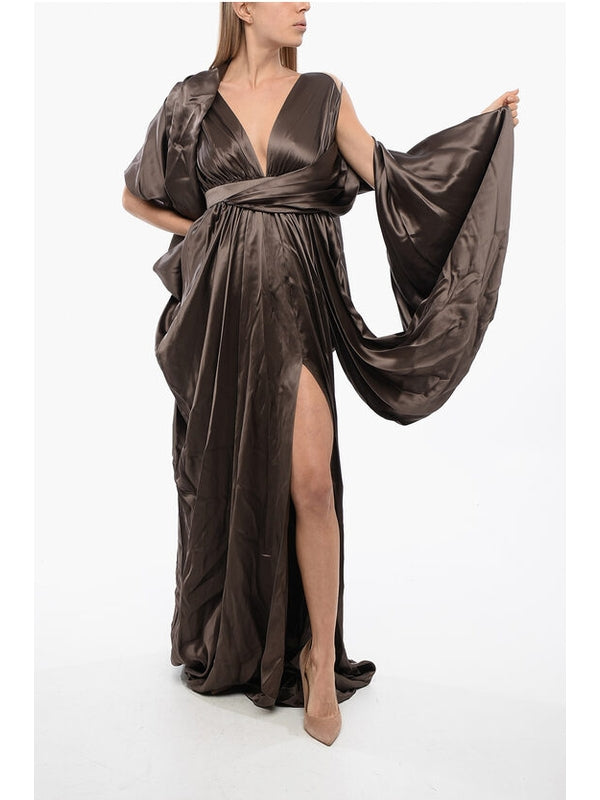 V-Neck Draped Silk Dress