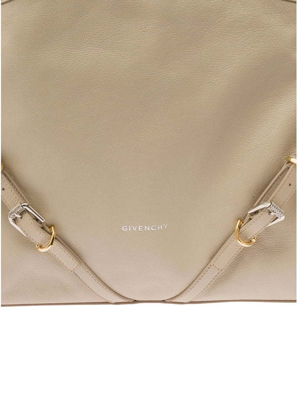 'Voyou' Beige Shoulder Bag with Embossed Logo in Smooth Leather Woman Tote Bags