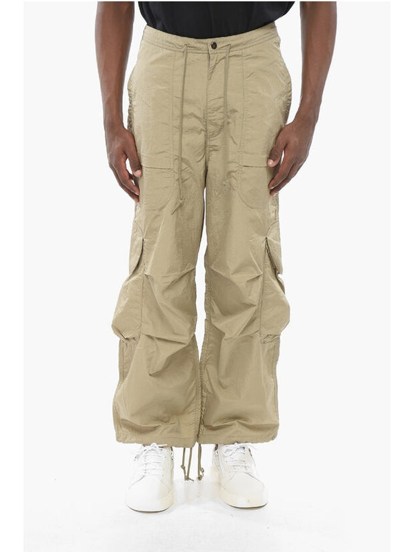 Beige Drawstring Nylon Cargo Pants