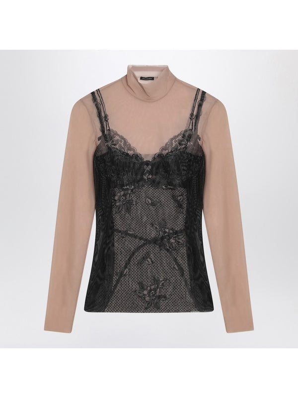 Trompe-l'œil High-neck Lingerie Long Sleeve Top