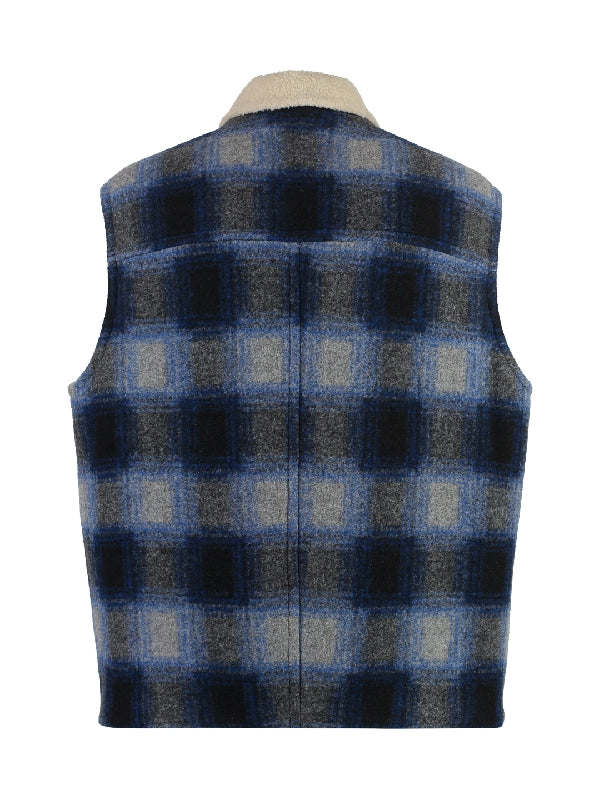 Shearling Collar Check Wool Zip-Up Vest