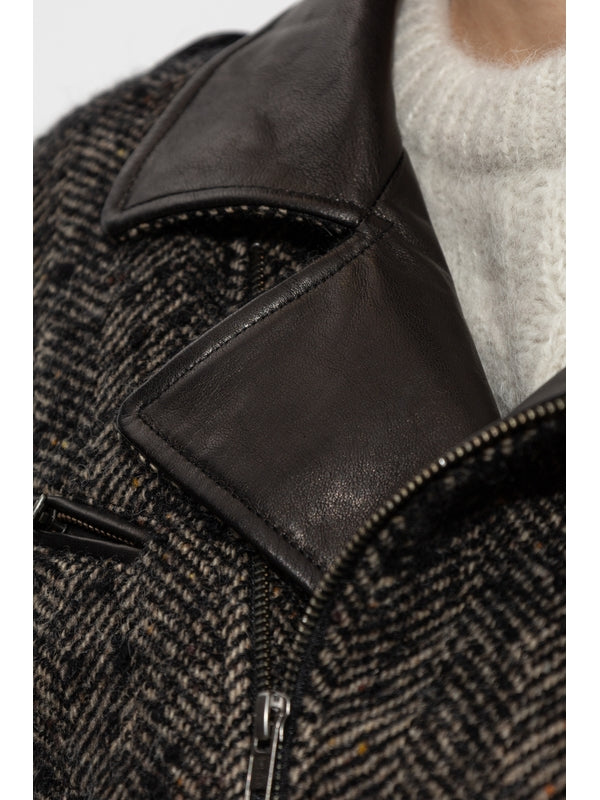 Belt Herringbone Pattern Wool Blend Biker Jacket