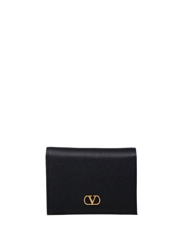 V Logo Leather Card Wallet