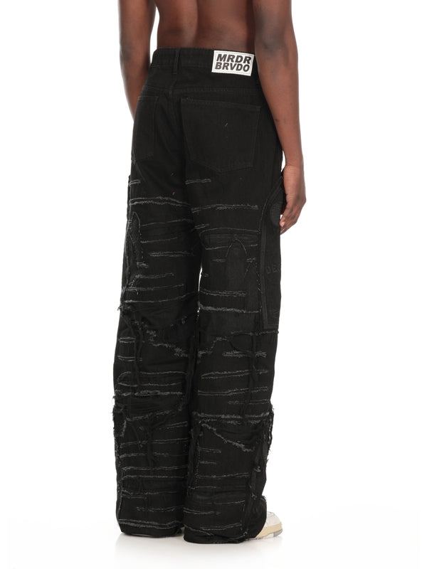 Distress Detail Wide Denim Pants