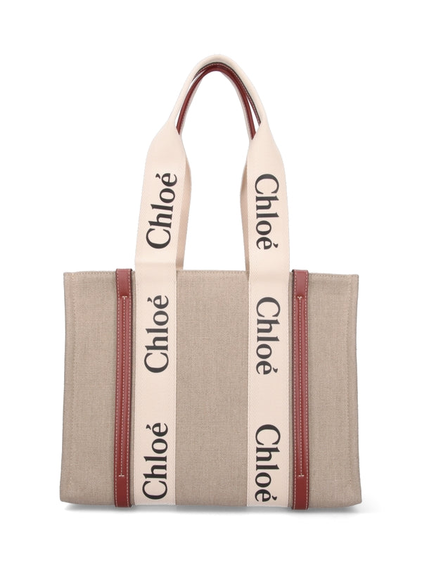 Woody Logo Linen Medium Tote Bag