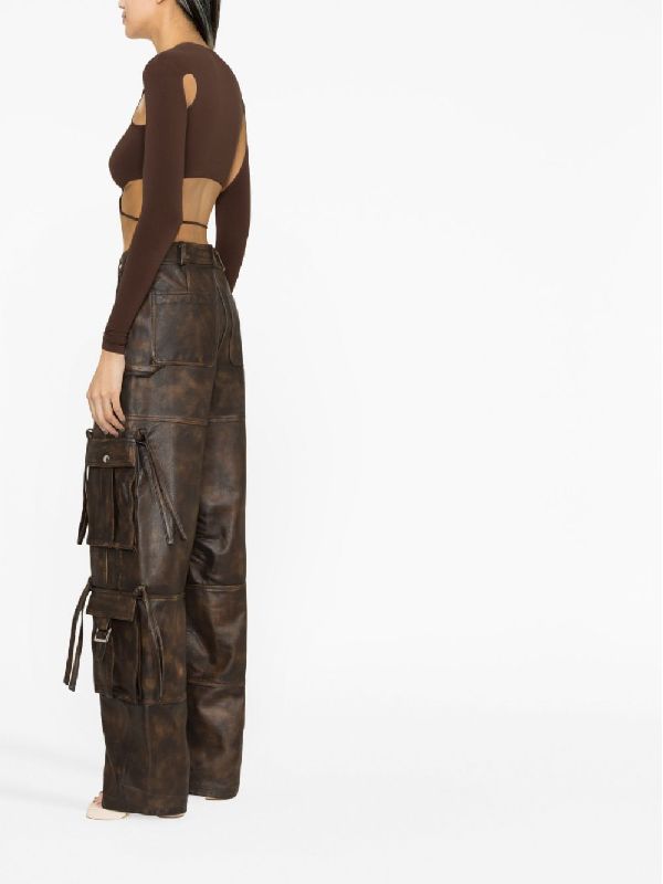 Leather Drawstring Multi-Pocket Pants