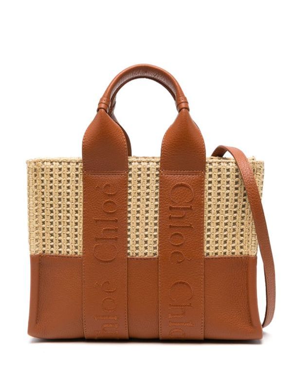 Woody Raffia Leather Small Tote Bag