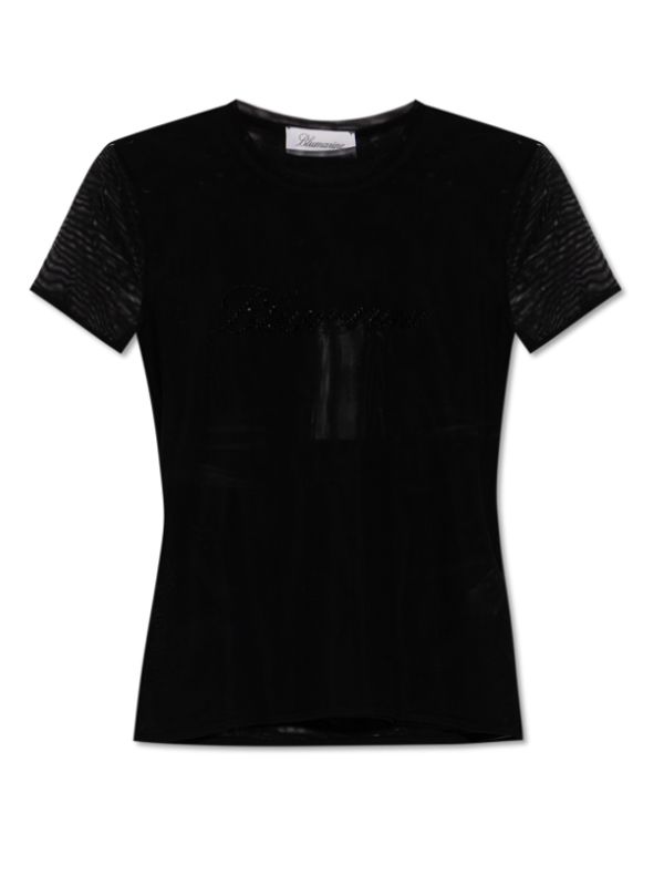 Logo Rhinestone Sheer Mesh Short-sleeve T-shirt