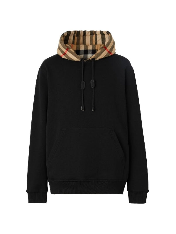 Black Cotton Check-panel Hoodie