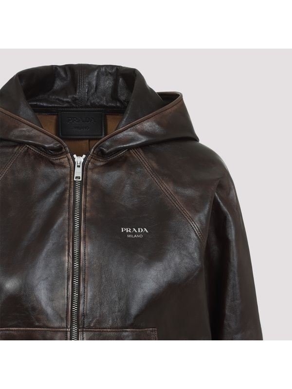 Logo Detail Hood Leather Jacket