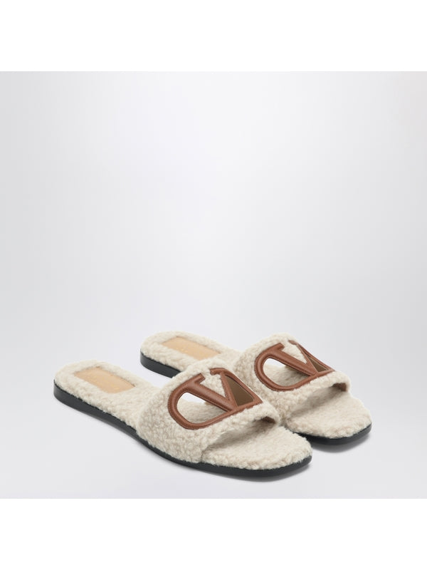 V Logo Cutout Shearling Slide