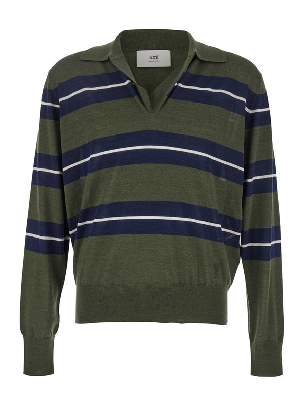 Stripe Wool Silk Polo Shirt