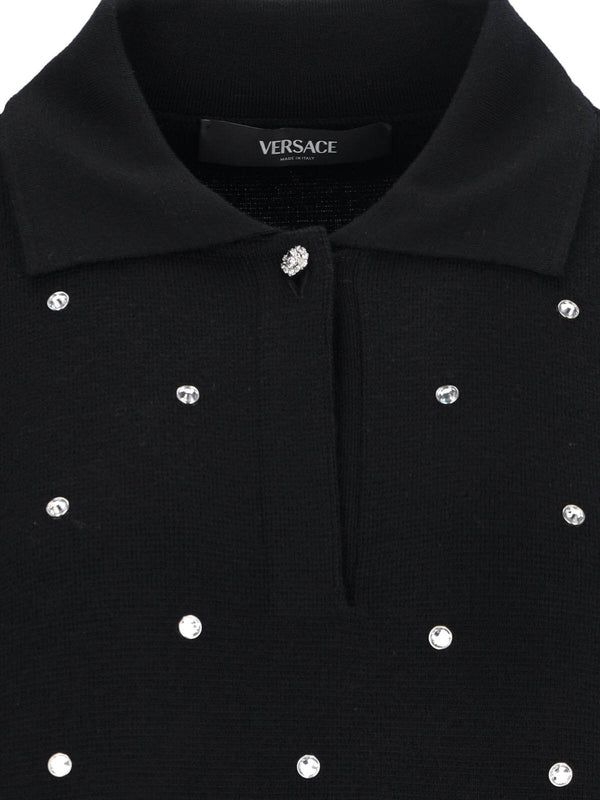 Rhinestone Decoration Wool Knit Polo Shirt