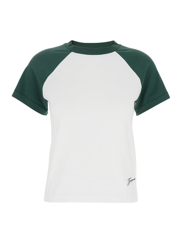 'Le Mini T-Shirt Baseball' Green and White T-Shirt with Logo Lettering on the Side and Logo Patch on the Back in Cotton Woman Half Sleeve