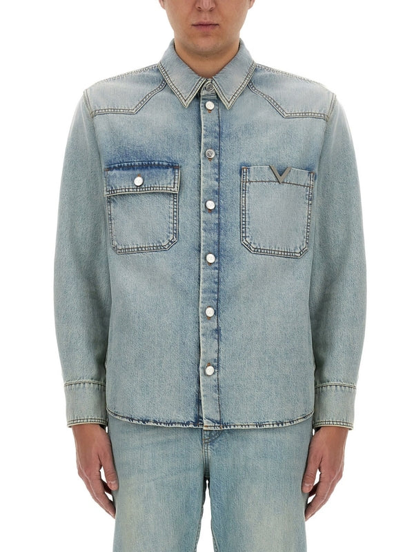 V Logo Patch Pocket Denim Shirt