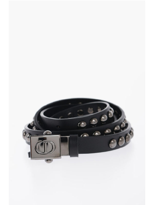 Logo Buckle Studded Leather Belt