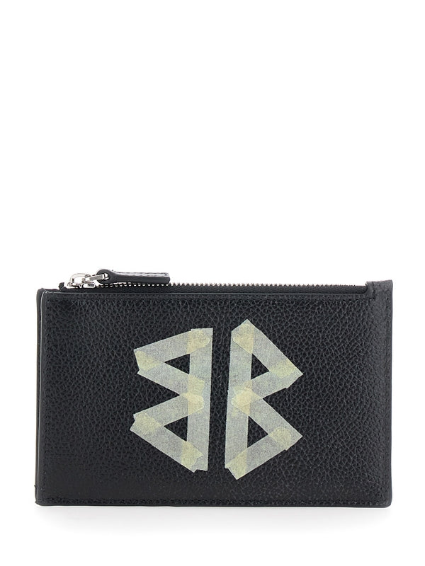 'Cash' Black Wallet with Logo Print on the Front and Top Zip in Grained Leather Man Coin purses