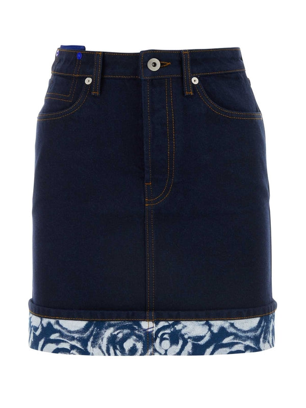 Turn-Up Flower Printing Denim Skirt