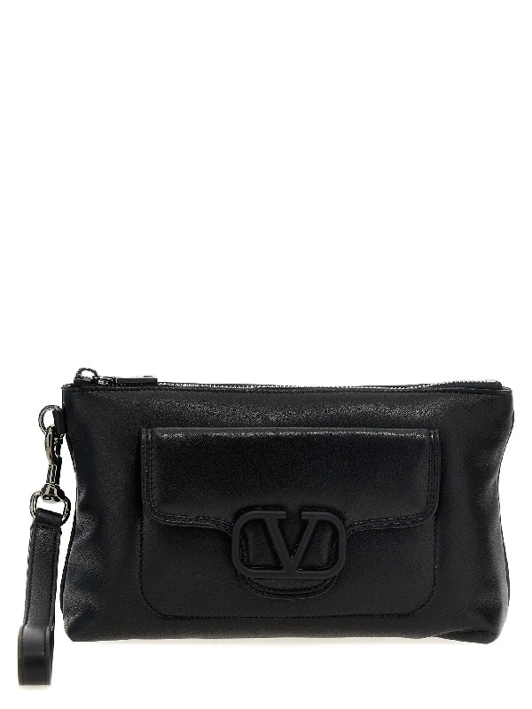 V Logo Pocket Leather Clutch
  Bag