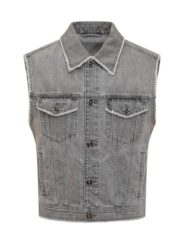 Back Logo Patch Frayed Denim Vest