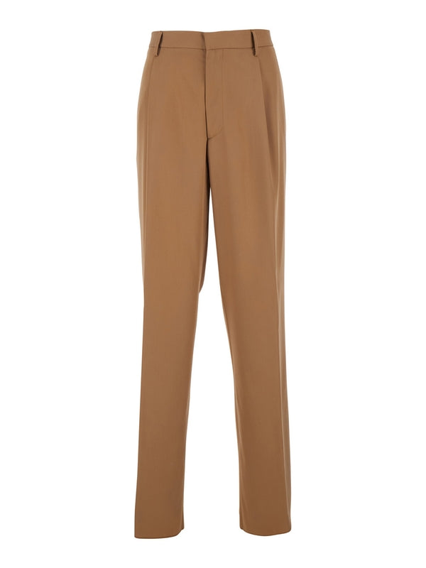 Beige Tailored Pants with Pleated Details in Wool Man Trousers