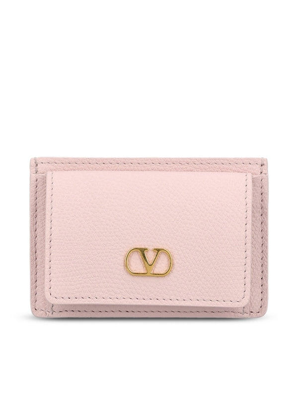 V Logo Leather Card Wallet