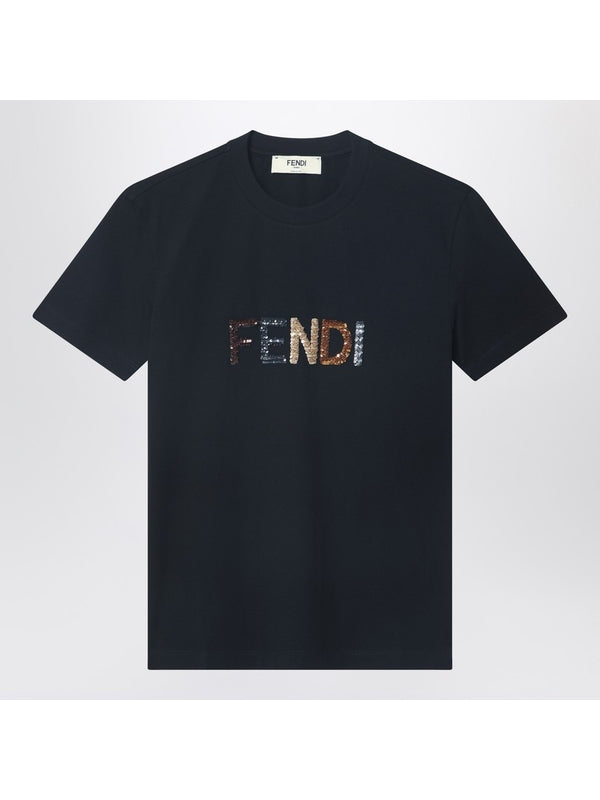 Sequin Embroidered Logo Cotton Short Sleeve T-shirt