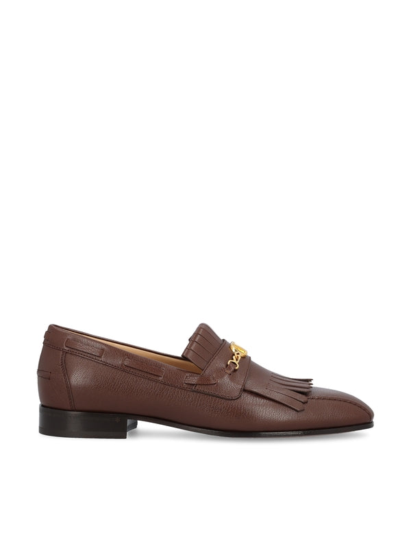 V Logo Fringe Leather Loafers