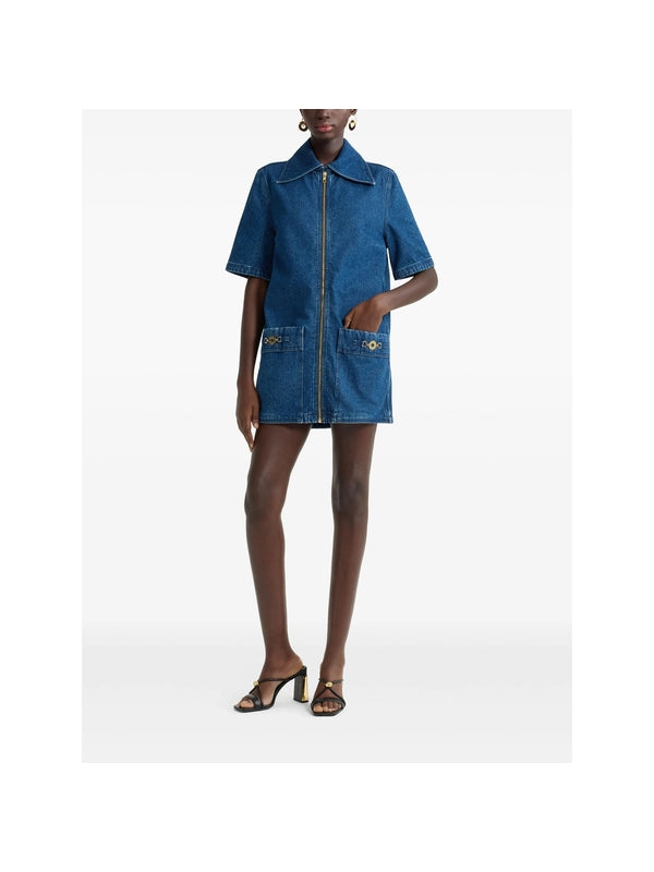 Cotton Denim Zip-up Mini Dress