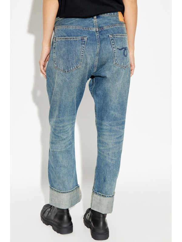 Asymmetric Waist Turn-Up Denim Pants