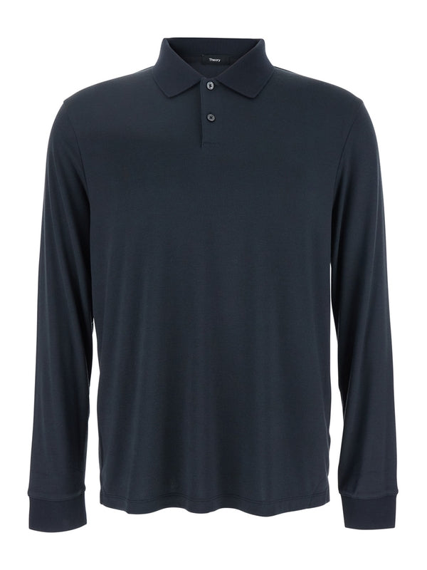 'Goris' Blue Polo Shirt with Classic Collar and Long Sleeves in Tech Fabric Stretch Man Polo Shirts