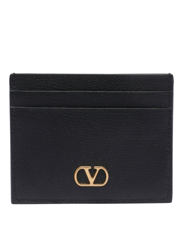 V Logo Leather Card Wallet