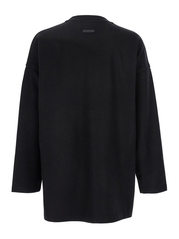 Black Crewneck T-Shirt with Maxi Tonal Logo Patch on the Front in Cotton Man Long Sleeve