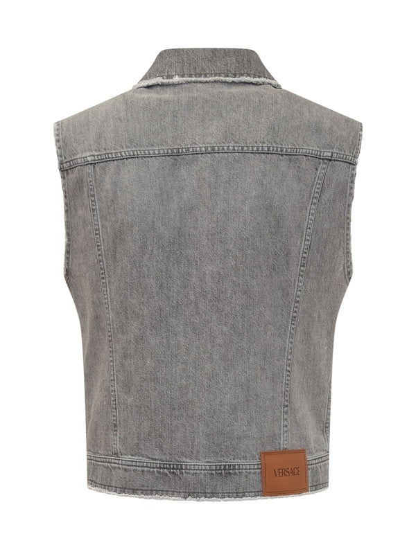 Back Logo Patch Frayed Denim Vest