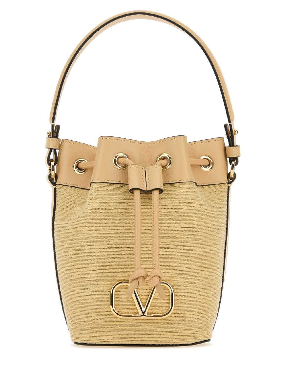 V Logo Raffia Bucket Bag