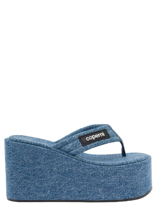 Logo Patch Washed Denim Wedge Sandals