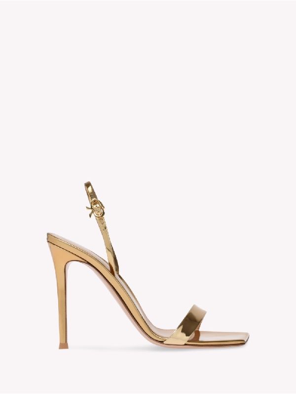 Square Toe Metallic Leather Sandal Heel