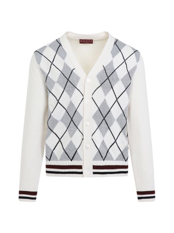 Web Detail Argyle Pattern Wool Cardigan