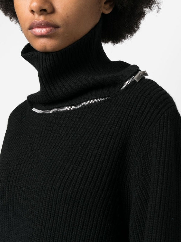 Zipper Detail High Neck Wool Knit