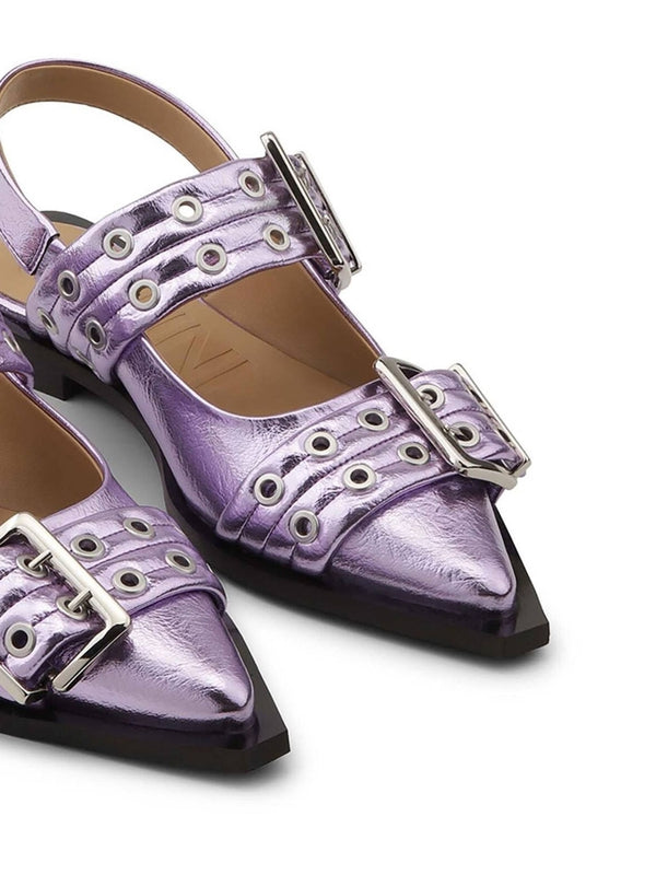 Buckle Decoration Metallic Flat Shoes