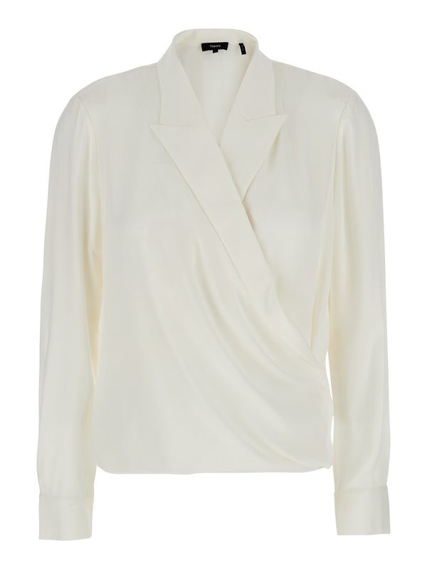 White Blouse with Peak Revers and Crossover Neck in Silk Woman Shirts & Blouses