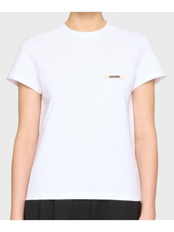 'Le T-Shirt Gros Grain' White Crewneck T-Shirt with Logo Patch on the Front in Cotton Woman Half Sleeve