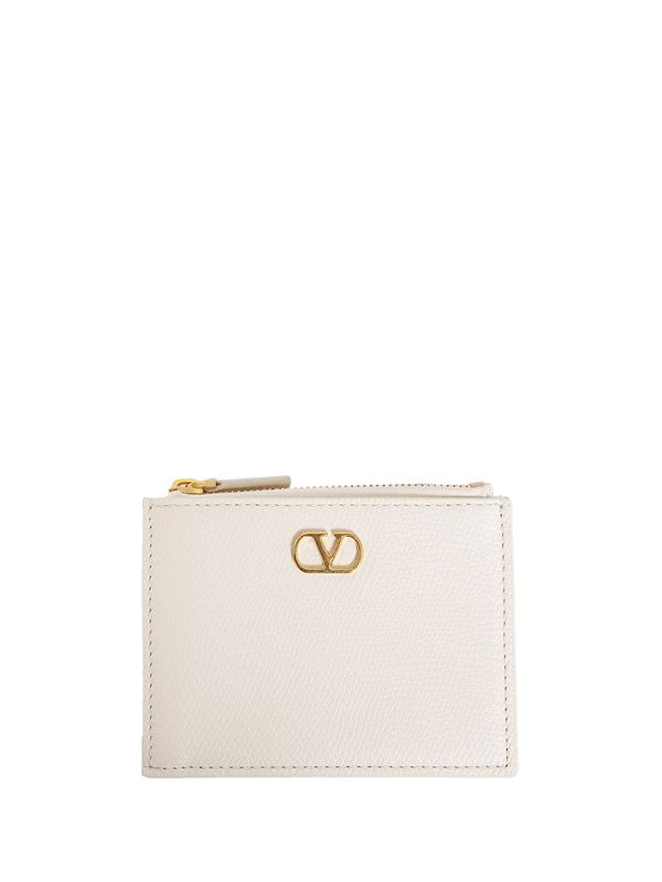 V Logo Leather Card Wallet