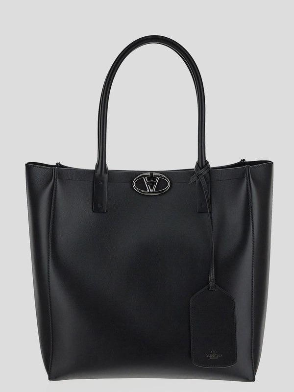 V Logo Leather Tote Bag