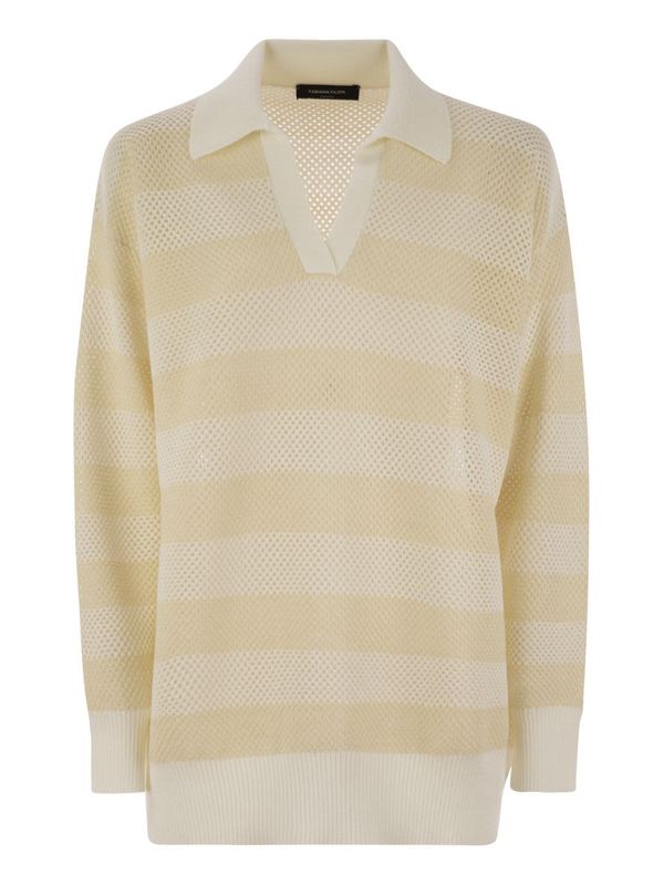 Stripe Net Detail Wool Cotton Polo Shirt